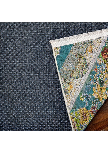 Çiçekli Mavi Pamuk Dikdörtgen Modern Desenli Pamuk Makinada Yıkanabilir Hav Toz Vermez Leke Tutmayan Kaymaz Taban Dijital Makine Baskı Salon Yolluk Mutfak Halı indirimleri
