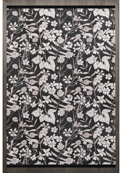 Çiçekli Siyah Pamuk Dikdörtgen Modern Desenli Pamuk Makinada Yıkanabilir Hav Toz Vermez Leke Tutmayan Kaymaz Taban Dijital Makine Baskı Salon Yolluk Mutfak Halı