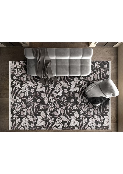 Çiçekli Siyah Pamuk Dikdörtgen Modern Desenli Pamuk Makinada Yıkanabilir Hav Toz Vermez Leke Tutmayan Kaymaz Taban Dijital Makine Baskı Salon Yolluk Mutfak Halı fiyatları