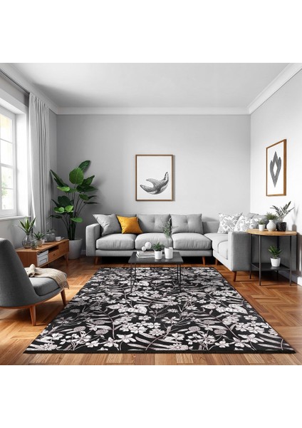 Çiçekli Siyah Pamuk Dikdörtgen Modern Desenli Pamuk Makinada Yıkanabilir Hav Toz Vermez Leke Tutmayan Kaymaz Taban Dijital Makine Baskı Salon Yolluk Mutfak Halı modelleri