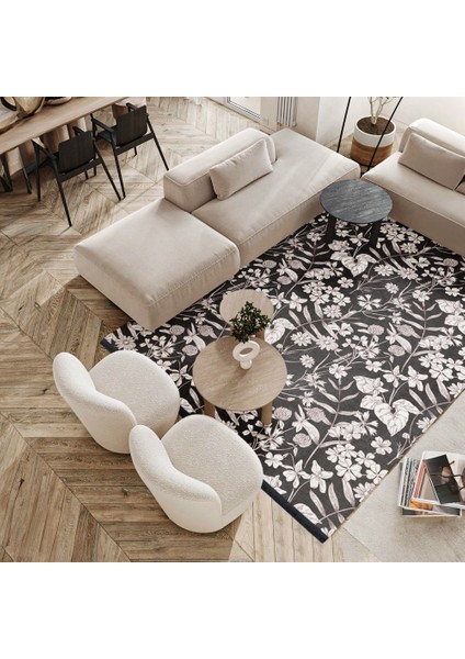 Çiçekli Siyah Pamuk Dikdörtgen Modern Desenli Pamuk Makinada Yıkanabilir Hav Toz Vermez Leke Tutmayan Kaymaz Taban Dijital Makine Baskı Salon Yolluk Mutfak Halı fırsatları