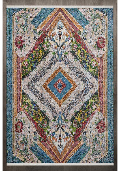 Göbekli Mavi Pamuk Dikdörtgen Modern Desenli Pamuk Makinada Yıkanabilir Hav Toz Vermez Leke Tutmayan Kaymaz Taban Dijital Makine Baskı Salon Yolluk Mutfak Halı