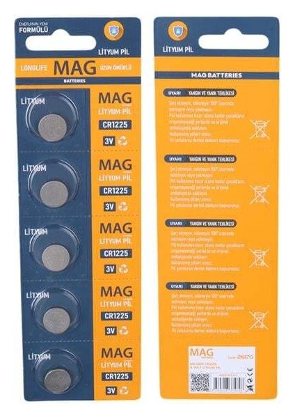 Mag Batteries MG-1225 CR1225 3 Volt Lityum Pil (5'li Blister Paket)