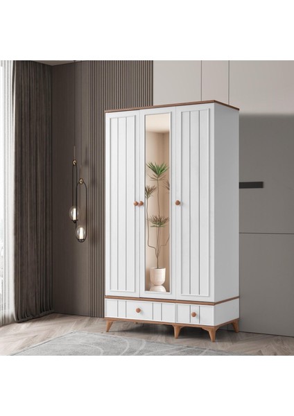 Sıla 3 Kapaklı Gardırop Çekmeceli Dolap 115cm. Beyaz-A.Çam