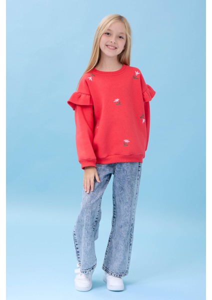 Kız Çocuk Fırfır Detaylı Çiçek Işlemeli Şardonlu Oversize Sweatshirt - Nar Çiçeği