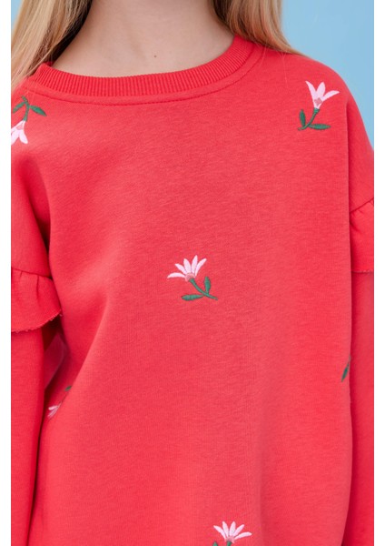 Kız Çocuk Fırfır Detaylı Çiçek Işlemeli Şardonlu Oversize Sweatshirt - Nar Çiçeği fırsatları