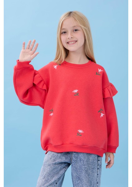 Kız Çocuk Fırfır Detaylı Çiçek Işlemeli Şardonlu Oversize Sweatshirt - Nar Çiçeği indirimleri