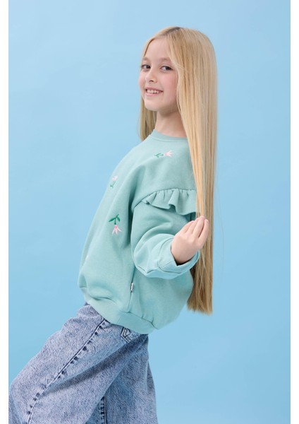 Kız Çocuk Fırfır Detaylı Çiçek Işlemeli Şardonlu Oversize Sweatshirt - Çağla fiyatları