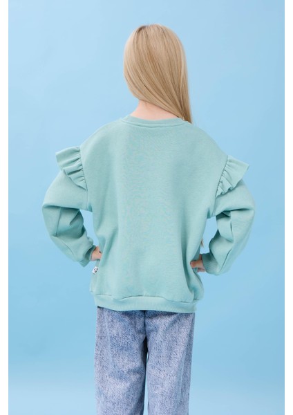 Kız Çocuk Fırfır Detaylı Çiçek Işlemeli Şardonlu Oversize Sweatshirt - Çağla modelleri