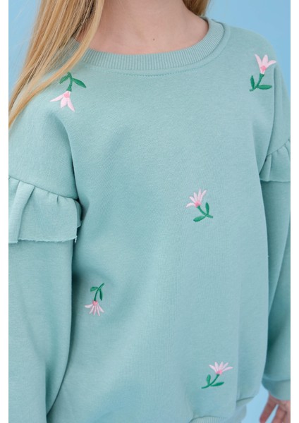 Kız Çocuk Fırfır Detaylı Çiçek Işlemeli Şardonlu Oversize Sweatshirt - Çağla fırsatları