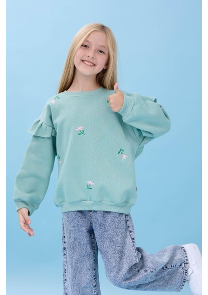 Kız Çocuk Fırfır Detaylı Çiçek Işlemeli Şardonlu Oversize Sweatshirt - Çağla indirimleri