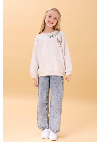 Kız Çocuk Zürafa Nakışlı Mevsimlik Oversize Sweatshirt – Taş