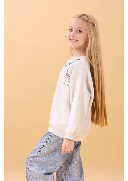 Kız Çocuk Zürafa Nakışlı Mevsimlik Oversize Sweatshirt – Taş fiyatları