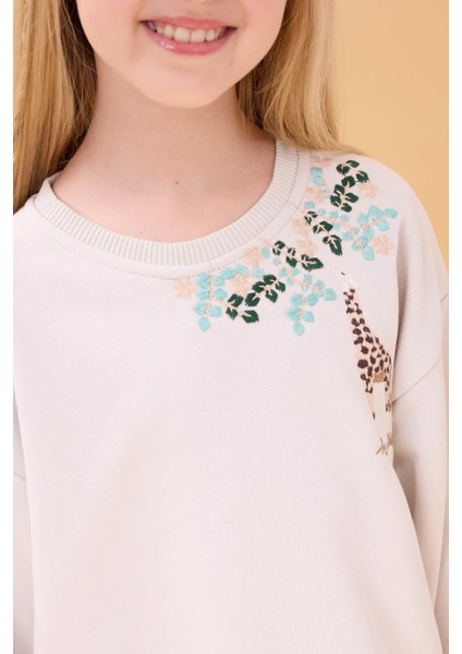 Kız Çocuk Zürafa Nakışlı Mevsimlik Oversize Sweatshirt – Taş fırsatları