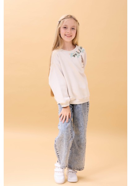 Kız Çocuk Zürafa Nakışlı Mevsimlik Oversize Sweatshirt – Taş indirimleri