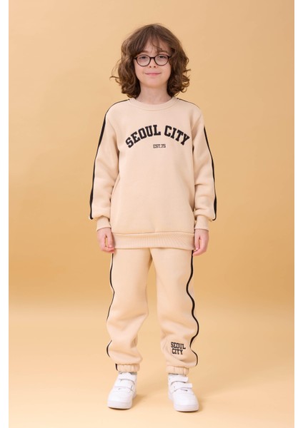 Erkek Çocuk Aplikeli Şardonlu Bisiklet Yaka Ikili Kolej Takım - Taş