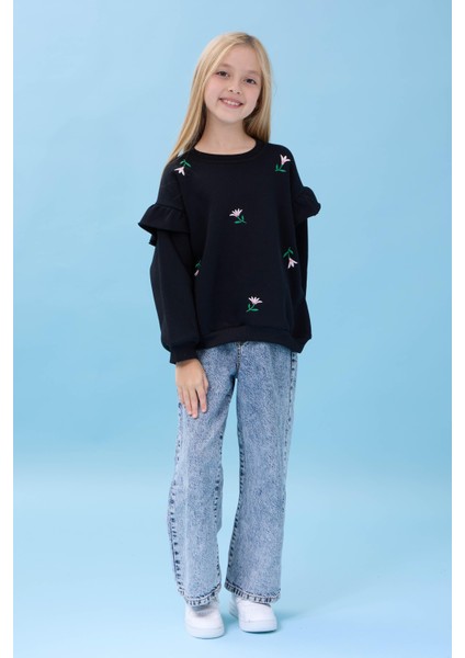 Kız Çocuk Fırfır Detaylı Çiçek Işlemeli Şardonlu Oversize Sweatshirt - Siyah