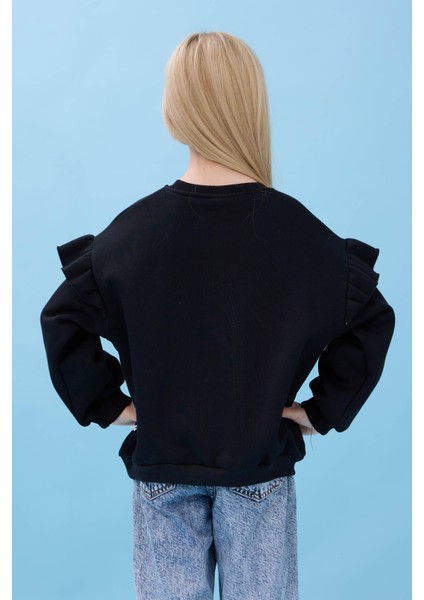 Kız Çocuk Fırfır Detaylı Çiçek Işlemeli Şardonlu Oversize Sweatshirt - Siyah fiyatları