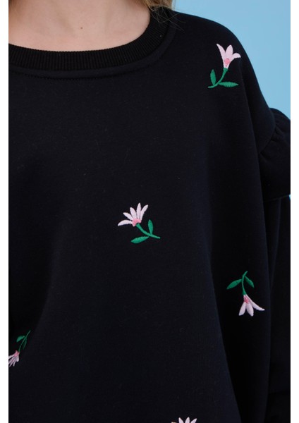 Kız Çocuk Fırfır Detaylı Çiçek Işlemeli Şardonlu Oversize Sweatshirt - Siyah modelleri