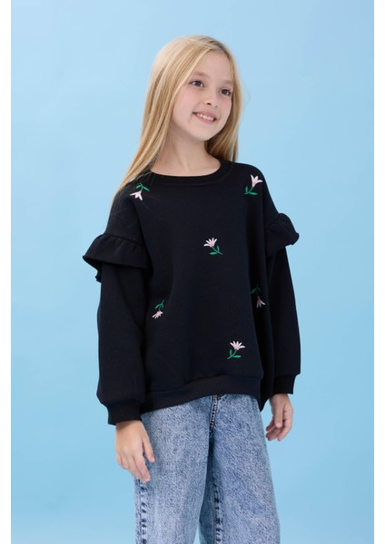 Kız Çocuk Fırfır Detaylı Çiçek Işlemeli Şardonlu Oversize Sweatshirt - Siyah fırsatları