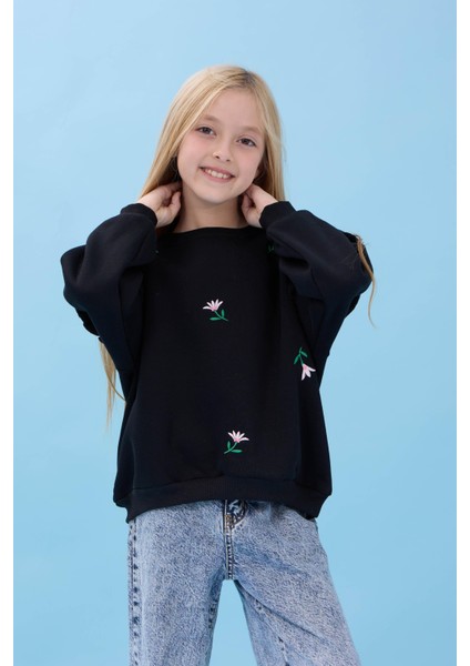 Kız Çocuk Fırfır Detaylı Çiçek Işlemeli Şardonlu Oversize Sweatshirt - Siyah indirimleri