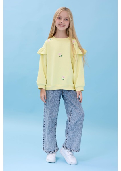Kız Çocuk Fırfır Detaylı Çiçek Işlemeli Şardonlu Oversize Sweatshirt - Sarı