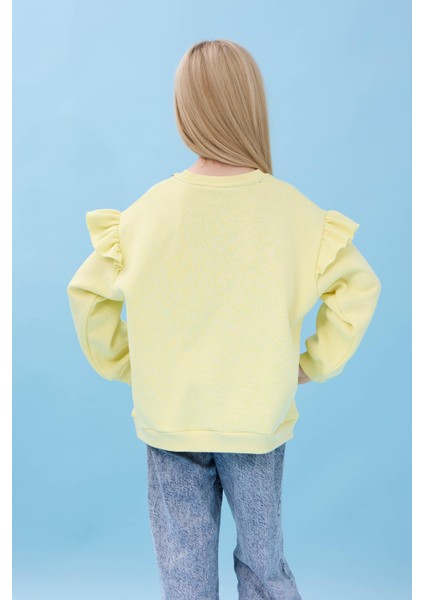 Kız Çocuk Fırfır Detaylı Çiçek Işlemeli Şardonlu Oversize Sweatshirt - Sarı fiyatları