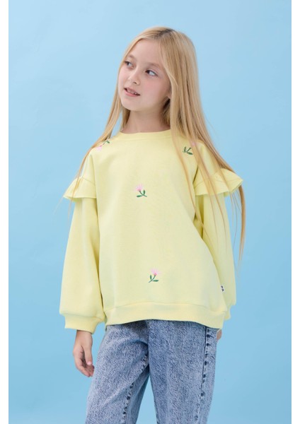 Kız Çocuk Fırfır Detaylı Çiçek Işlemeli Şardonlu Oversize Sweatshirt - Sarı fırsatları