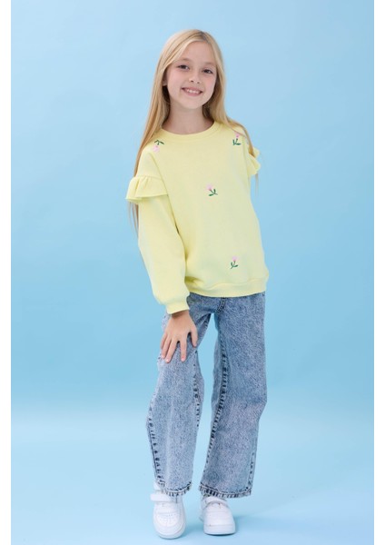 Kız Çocuk Fırfır Detaylı Çiçek Işlemeli Şardonlu Oversize Sweatshirt - Sarı indirimleri