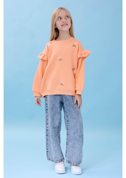 Kız Çocuk Fırfır Detaylı Çiçek Işlemeli Şardonlu Oversize Sweatshirt - Şeftali