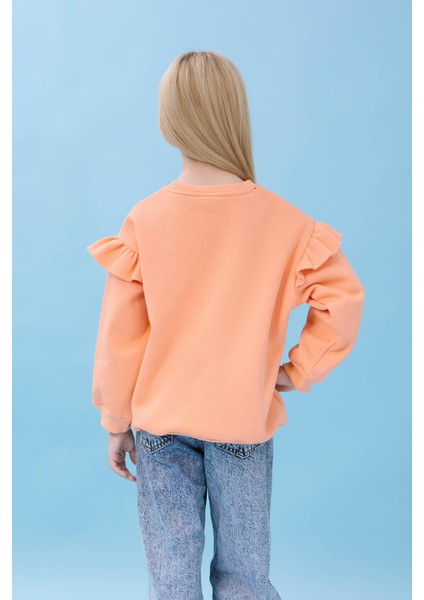 Kız Çocuk Fırfır Detaylı Çiçek Işlemeli Şardonlu Oversize Sweatshirt - Şeftali fiyatları