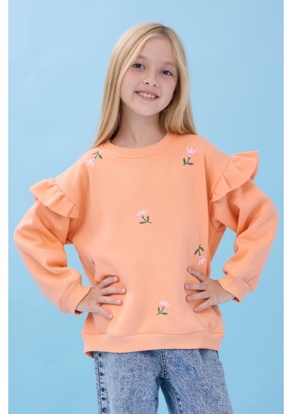 Kız Çocuk Fırfır Detaylı Çiçek Işlemeli Şardonlu Oversize Sweatshirt - Şeftali indirimleri
