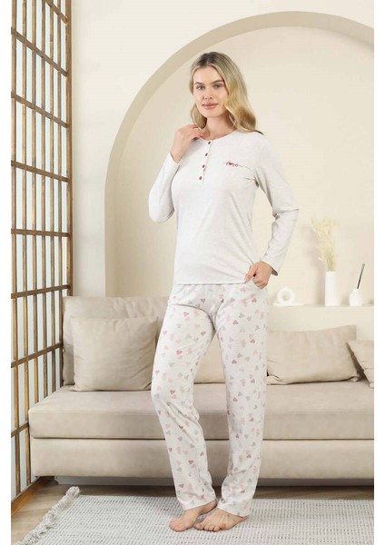 Kadın Gri Kalp Desenli Düğmeli Likralı Viskon Uzun Kol Cepli Pijama Takımı fırsatları