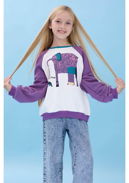 Kız Çocuk Fil Baskılı Bisiklet Yaka Oversize Mevsimlik sweatshirt - Ekru/mor indirimleri