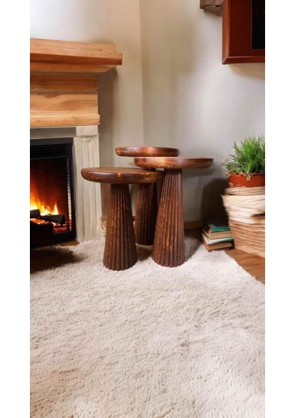 Masif Ahşap Fındık Renk Mantar Sehpa 3’lü Set – Doğal Zigon & Fiskos Sehpa