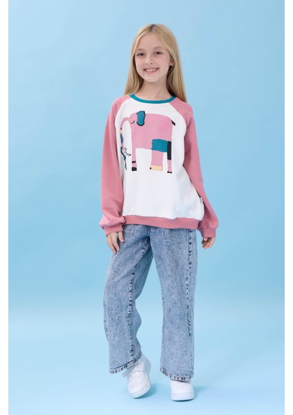 Kız Çocuk Fil Baskılı Bisiklet Yaka Oversize Mevsimlik sweatshirt - Ekru/gül Kurusu