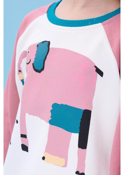 Kız Çocuk Fil Baskılı Bisiklet Yaka Oversize Mevsimlik sweatshirt - Ekru/gül Kurusu modelleri