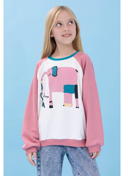 Kız Çocuk Fil Baskılı Bisiklet Yaka Oversize Mevsimlik sweatshirt - Ekru/gül Kurusu fırsatları