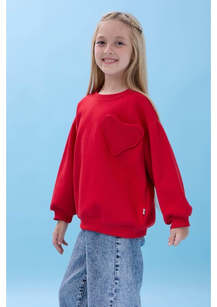 Kız Çocuk Kalp Cep Detaylı Balon Kollu Şardonlu Sweatshirt - Kırmızı