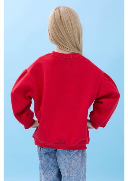 Kız Çocuk Kalp Cep Detaylı Balon Kollu Şardonlu Sweatshirt - Kırmızı fiyatları