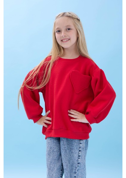 Kız Çocuk Kalp Cep Detaylı Balon Kollu Şardonlu Sweatshirt - Kırmızı fırsatları