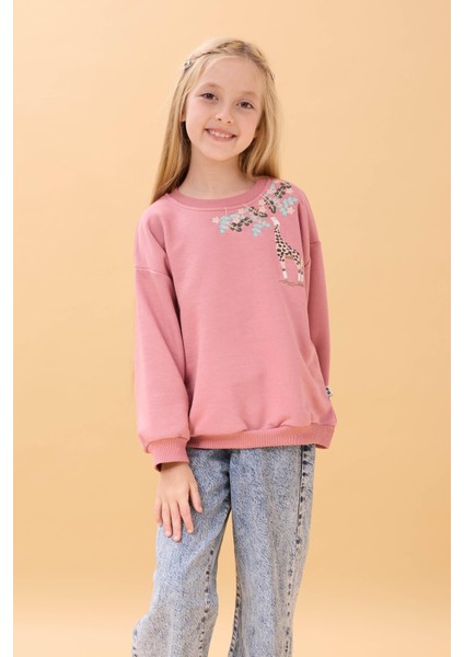 Kız Çocuk Zürafa Nakışlı Mevsimlik Oversize Sweatshirt – Gül Kurusu