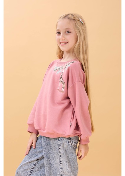 Kız Çocuk Zürafa Nakışlı Mevsimlik Oversize Sweatshirt – Gül Kurusu fiyatları