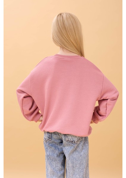 Kız Çocuk Zürafa Nakışlı Mevsimlik Oversize Sweatshirt – Gül Kurusu modelleri