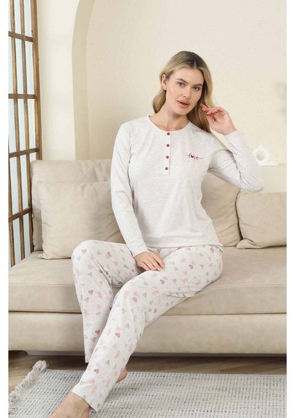 Kadın Gri Kalp Desenli Düğmeli Likralı Viskon Uzun Kol Cepli Pijama Takımı fiyatları