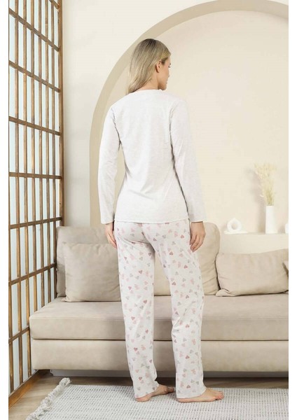 Kadın Gri Kalp Desenli Düğmeli Likralı Viskon Uzun Kol Cepli Pijama Takımı indirimleri