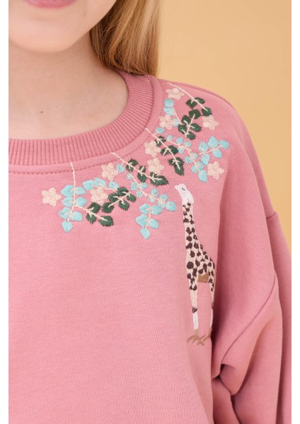 Kız Çocuk Zürafa Nakışlı Mevsimlik Oversize Sweatshirt – Gül Kurusu fırsatları