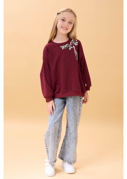 Kız Çocuk Zürafa Nakışlı Mevsimlik Oversize Sweatshirt – Bordo