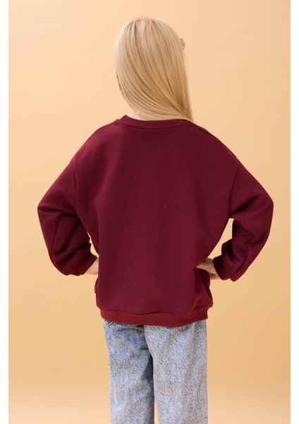 Kız Çocuk Zürafa Nakışlı Mevsimlik Oversize Sweatshirt – Bordo modelleri