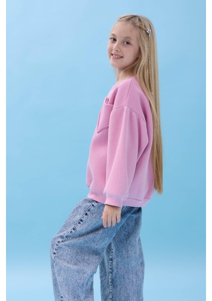 Kız Çocuk Kalp Cep Detaylı Balon Kollu Şardonlu Sweatshirt - Açık Gül fiyatları